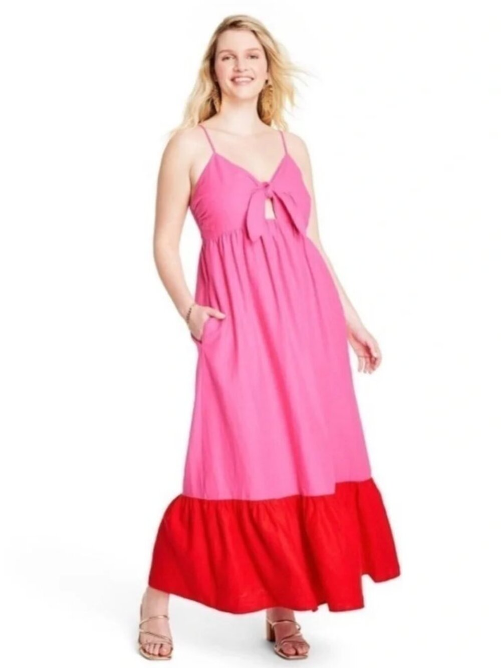 Tabitha Brown X Target Pink Red Colorblock Sleeveless Front Tie Maxi Dress Small - Picture 5 of 6